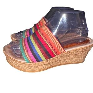 Sbicca Rainbow Striped Platform Wedge Slide Sandals Boho Festival Resort Mexico